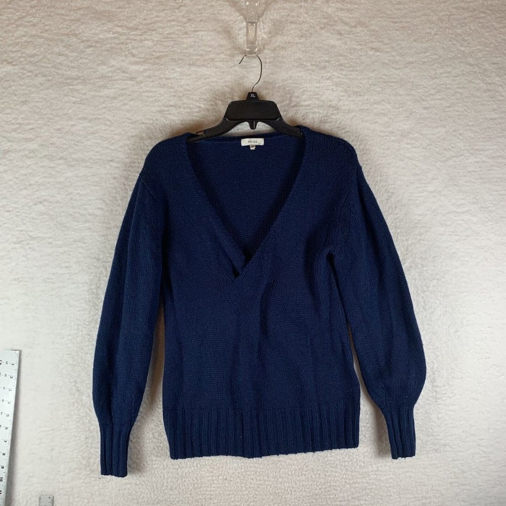 Reiss Sweater Womens Medium Navy Stretch Knit Surplice Neck Ribbed Pullover 8539